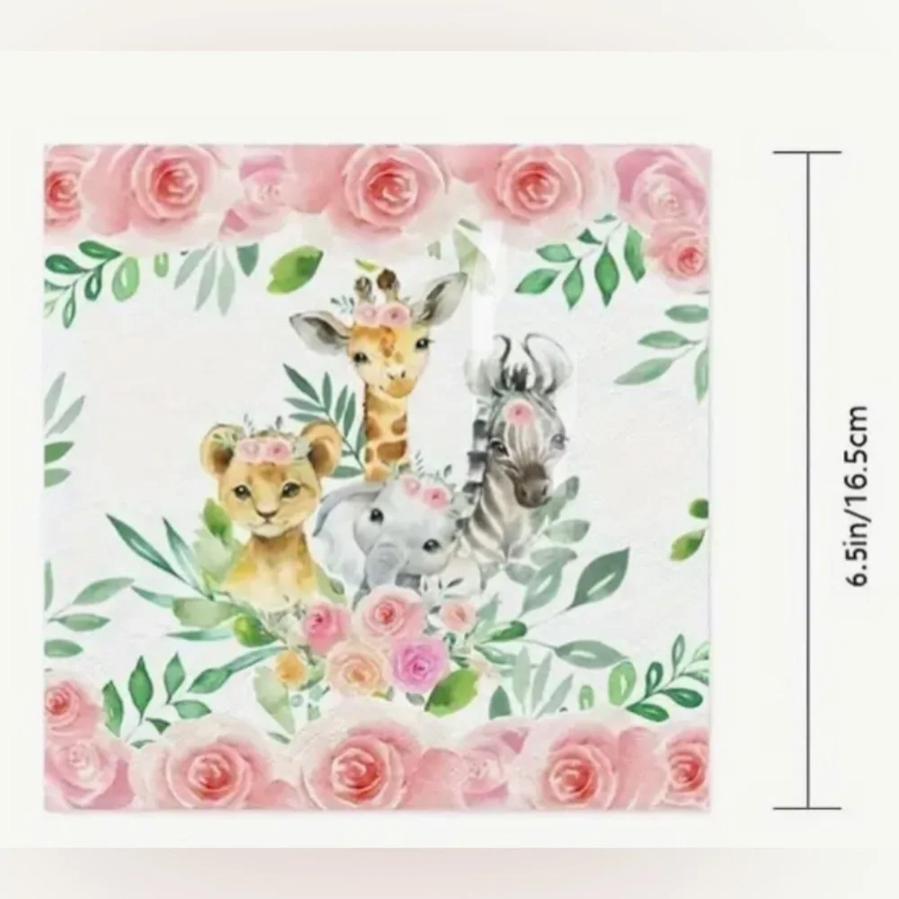 Pink Floral Safari Jungle Animals Luncheon Napkins